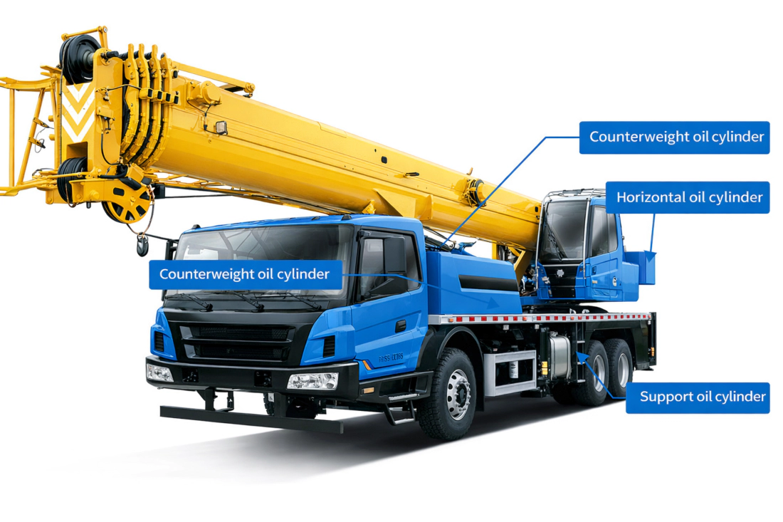 Heavy duty truck crane operating with luffing hydraulic cylinders in construction site