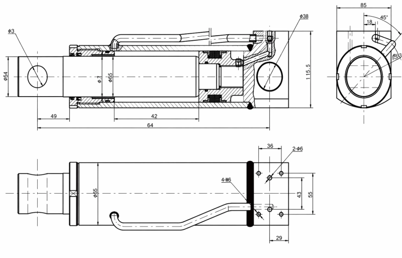 Dimensional engineering blueprint of behind cylinder for frame support