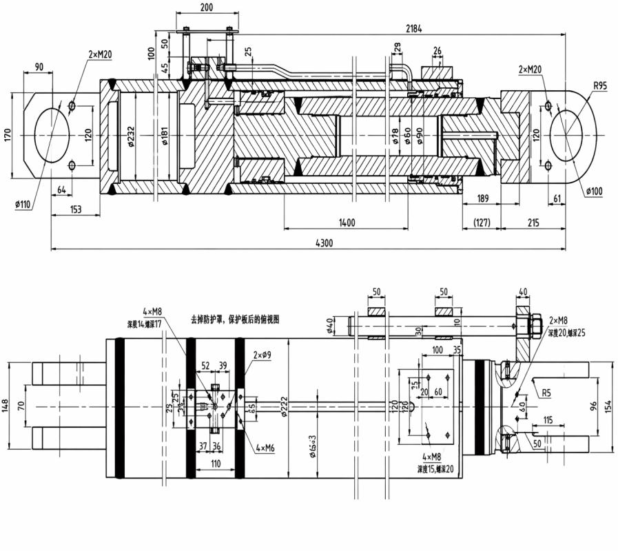 Dimensional engineering blueprint of crawler crane cylinder for preventing rear tilt of boom