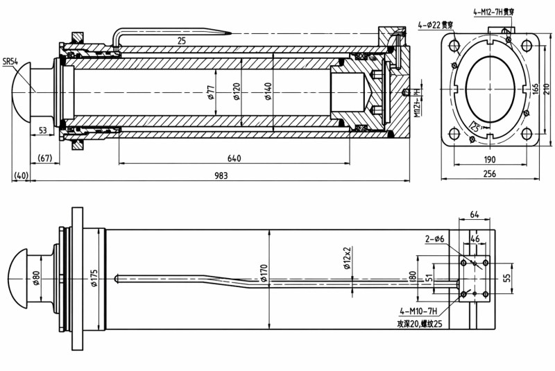 Dimensional engineering blueprint of cylinder for frame support