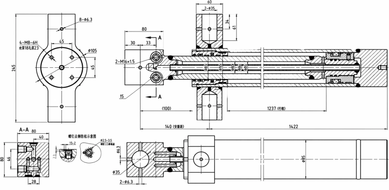 Cylinder for opening rack support dimension drawing