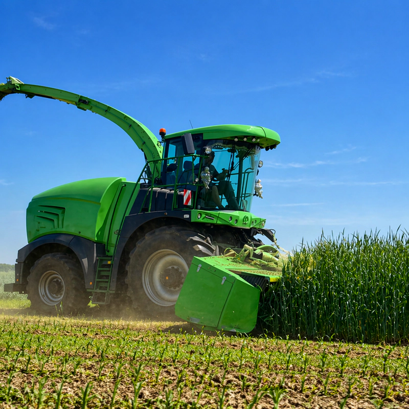 Detailed view of forage harvester requiring robust steering cylinder functionality