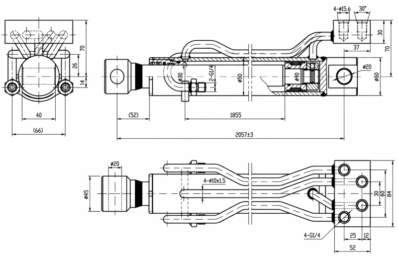 Dimensional engineering blueprint of front cylinder for opening rack support