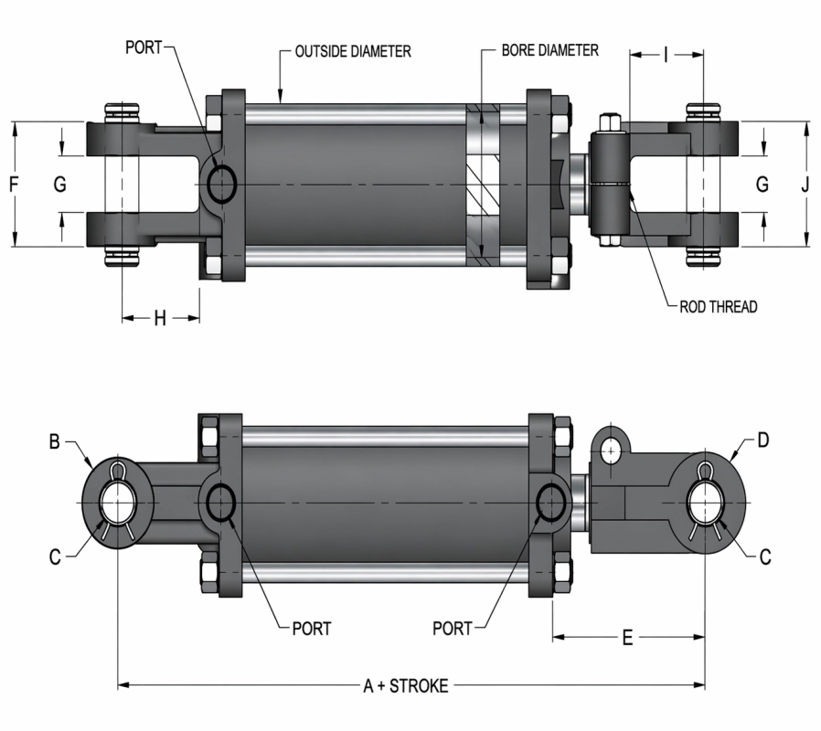Silinder Jenis Rod Pengikat Hidraulik dimensi TR-3000PSI