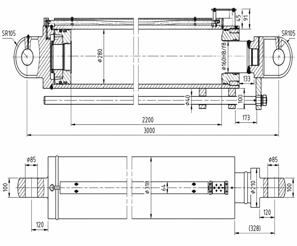 Detailed engineering dimension drawing of a lift cylinder for crawler crane