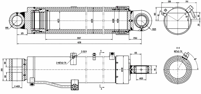 Dimensional engineering blueprint of main boom angle cylinder for truck crane