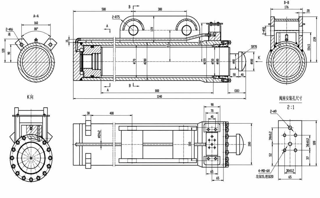 Dimensional engineering drawing of cylinder for frame support in truck cranes